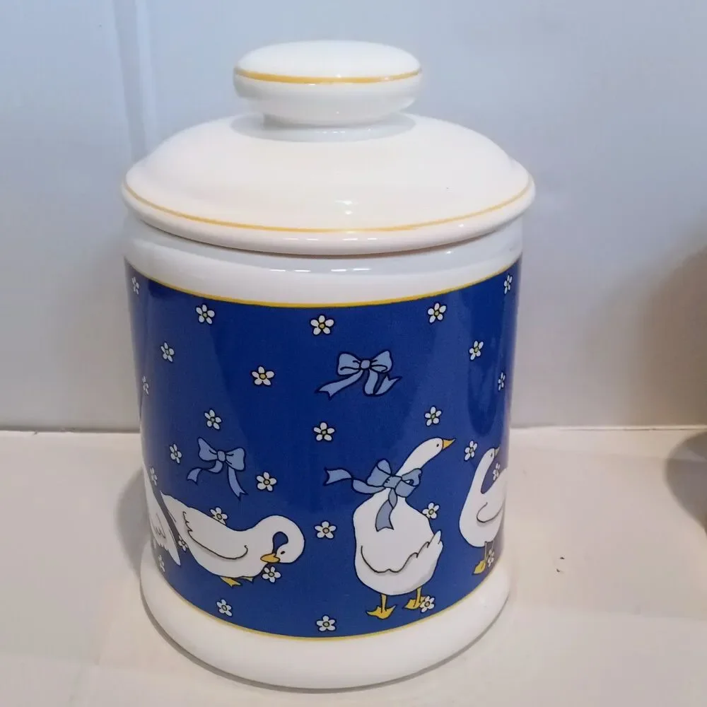 Vintage Ceramic Goose Canister Set-With Lids-Set Of 4-Geese-Ribbons-Country